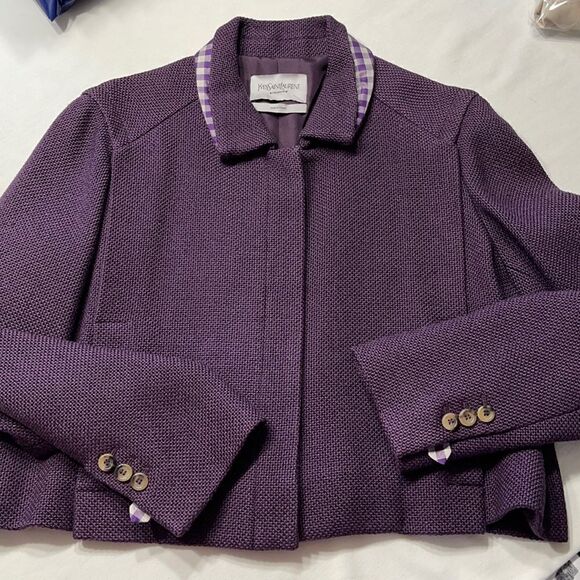 YSL Yves Saint Laurent Silk & Cotton Cropped Purple Coat Sz 12 (F44) - Picture 3 of 16